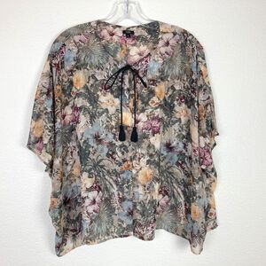 OVS Women's Sheer Chiffon Blouse Coverup Size S Brown Floral Tassel Tie Neck